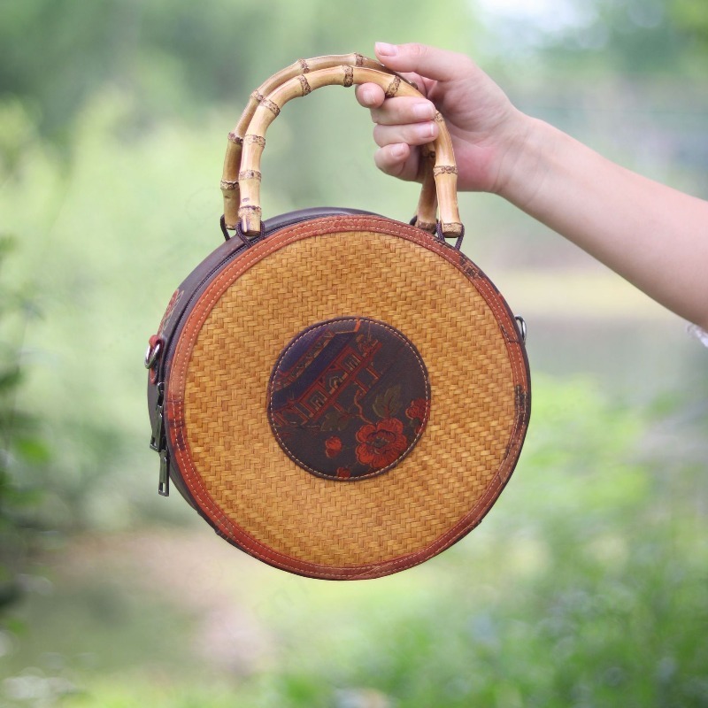 Women Bags Purses - Round Bamboo Woven Xiangyun Fabric Crossbody